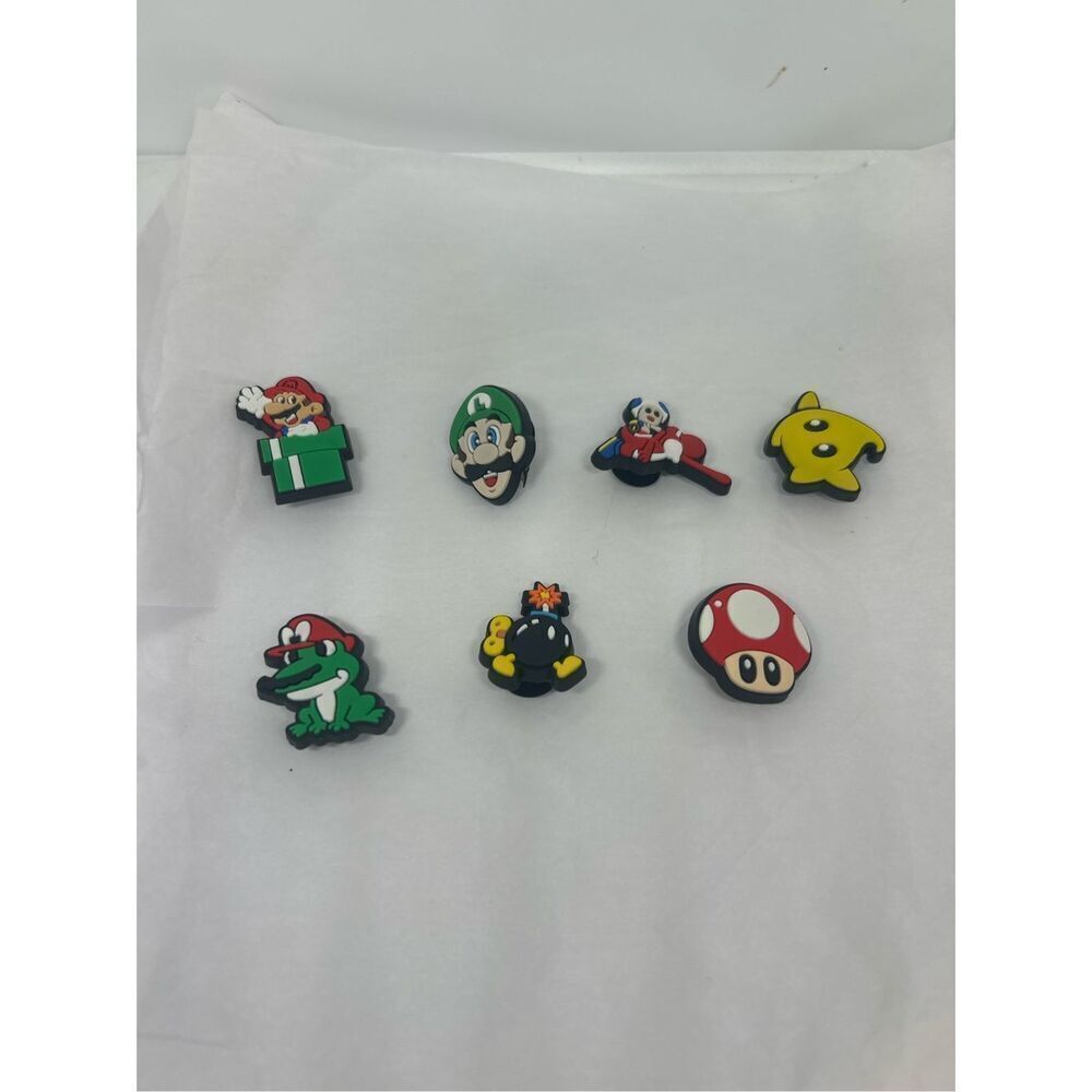 Set of 7 Mario Shoe Charms – Super Mario, Luigi, Power-Ups & More
